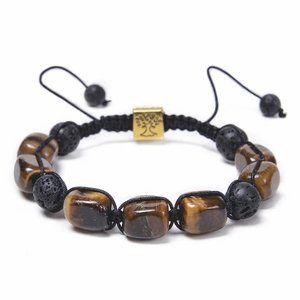 Unisex Brown Tiger's Eye & Lava Rock Beaded Adjustable Braided Rope Bracelet NEW